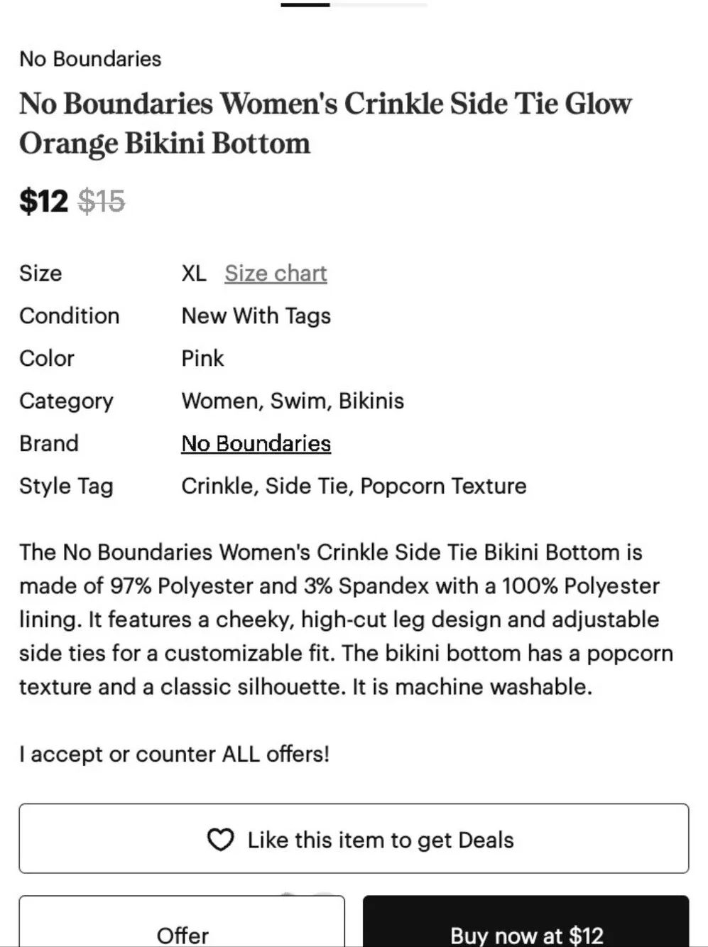 Glow Orange Popcorn Swim Side Ties BOTTOM ONLY Junior Girls SIZE 7-9 NWT